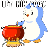 a penguin is cooking in a pot with the words let him cook behind it