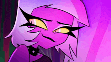 a cartoon character with purple hair and yellow eyes .