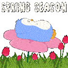 a cartoon of a penguin sleeping on a flower with the words spring season written below it