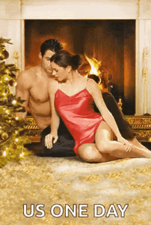 a painting of a man and woman in front of a fireplace with the words us one day below them