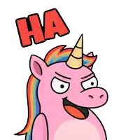 a cartoon unicorn with a rainbow mane and horn is laughing with the word ha above it