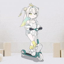 a drawing of a girl riding a scooter on a white wall