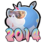 a unicorn wearing sunglasses with the year 2014 written below it