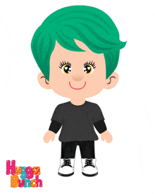 a cartoon drawing of a girl with green hair and the words hugo bunch below her
