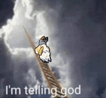 a cartoon character is sitting on top of a ladder with the words `` i 'm telling god '' written below it .