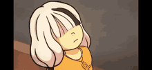 a cartoon of a girl with white hair and a yellow shirt is looking up .