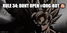 a picture of a cartoon character with the words `` rule 34 : dont open #dog-bot '' written on it .
