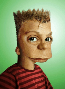 a close up of a cartoon character 's face with a striped shirt on