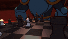cuphead and a blue knight are playing chess