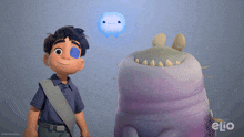 a boy standing next to a purple monster with elio written on the bottom