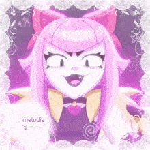 a drawing of a girl with pink hair and the words melodie s mimi