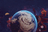 a cartoon illustration of a globe with a demon behind it in the background