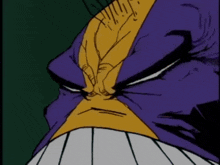 a close up of a comic book character 's face with a yellow and purple stripe
