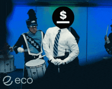 a man playing drums with a dollar sign on his head