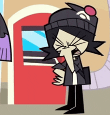 a cartoon character is standing in front of a red door covering his nose with his hand .