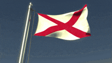 a red white and blue flag is flying in the wind