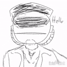 a black and white drawing of a man with the word hello written on the bottom right