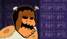a cartoon character is standing in front of a row of shelves with a purple background