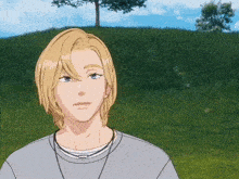a man with blonde hair and blue eyes is standing on a grassy hill