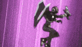 a black robot is holding a gun and a shield in a purple background .