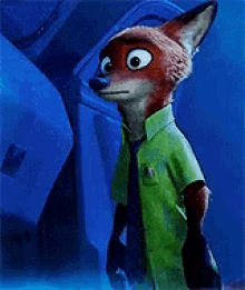 a fox in a green shirt and tie is standing in front of a blue wall .