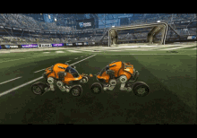 two rocket league cars are racing on a field