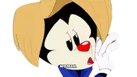 a cartoon character with a red nose and the word woman below it