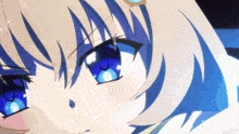 a close up of a anime girl 's face with blue eyes