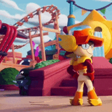 a cartoon character is standing in front of an amusement park