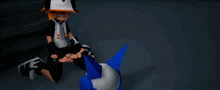 a cartoon character is sitting on the ground with a blue and white ball