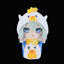 a stuffed animal with a white duck hat on it