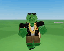 a video game character with green hair and a gold chain