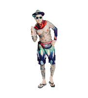 a man with a lot of tattoos is wearing a hat and shorts with ice cream on them