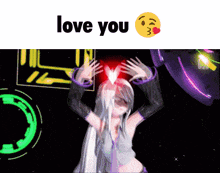 a cartoon girl is making a heart shape with her hands and the words " love you " above her