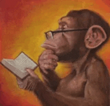 a painting of a monkey wearing glasses reading a book .