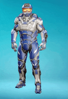 a man in a blue and silver futuristic suit with a helmet on