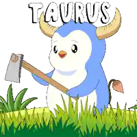 a taurus penguin holding an axe in a grassy field
