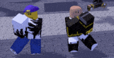 two roblox characters are standing next to each other and one has a purple hat on