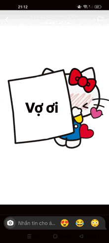 a hello kitty holding a sign that says vợ oi