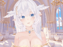 a girl with white hair and blue eyes is wearing a necklace with a blue stone
