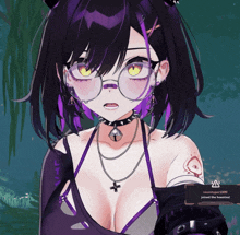 a girl with purple hair and yellow eyes is wearing glasses and a necklace