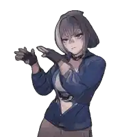 a girl in a blue jacket and black gloves is making a funny face