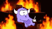a purple monster is sitting in a chair with a cup of coffee in front of a fireplace .