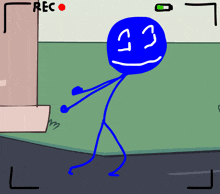 a drawing of a blue stick figure with a red rec button