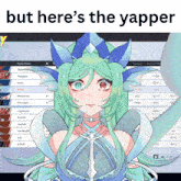 a picture of a girl with green hair and the words but here 's the yapper on the bottom