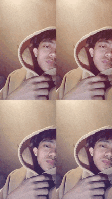 a collage of four pictures of a man wearing a hood