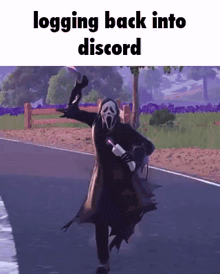 a scream character is running down a road in a video game while holding a bottle of wine .