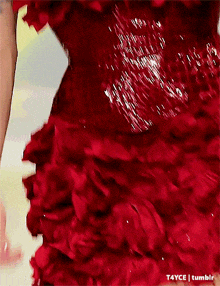 a close up of a woman wearing a red dress and a red scarf