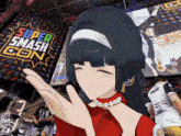 a girl stands in front of a super smash con banner