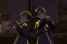 two anime girls are standing next to each other with their arms outstretched